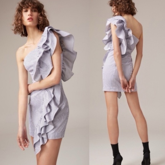 C/MEO collective Revolve one shoulder ruffle mini stripe dress size Small NWT - Picture 2 of 11